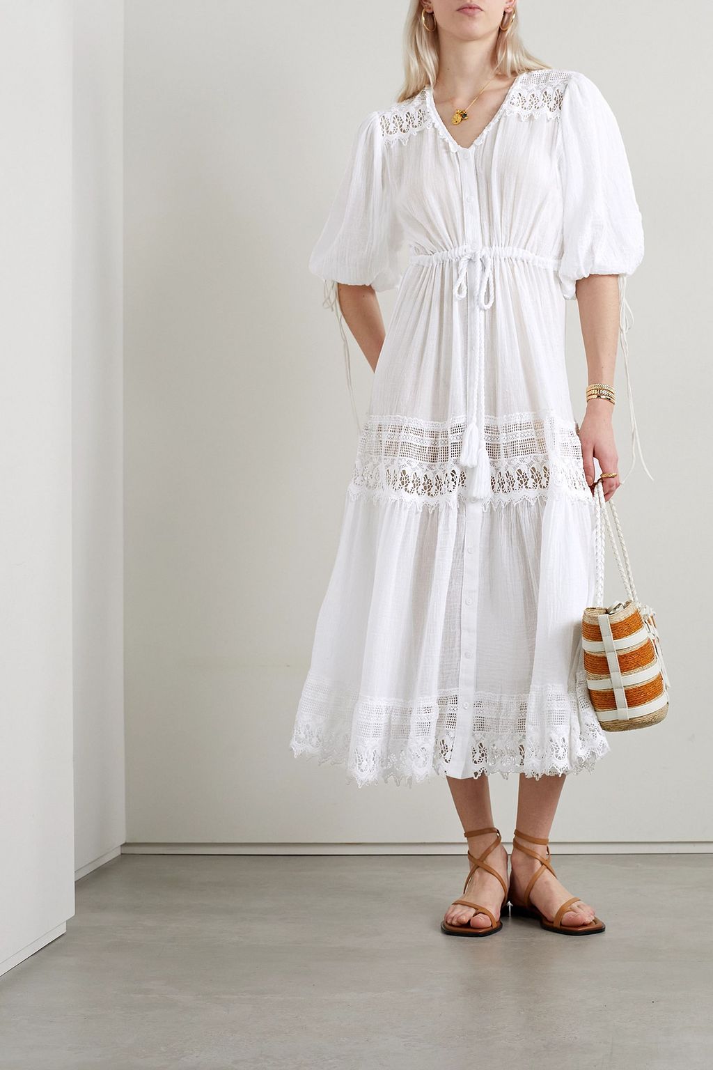 MIGUELINA Nolina lace-trimmed cotton-gauze midi dress