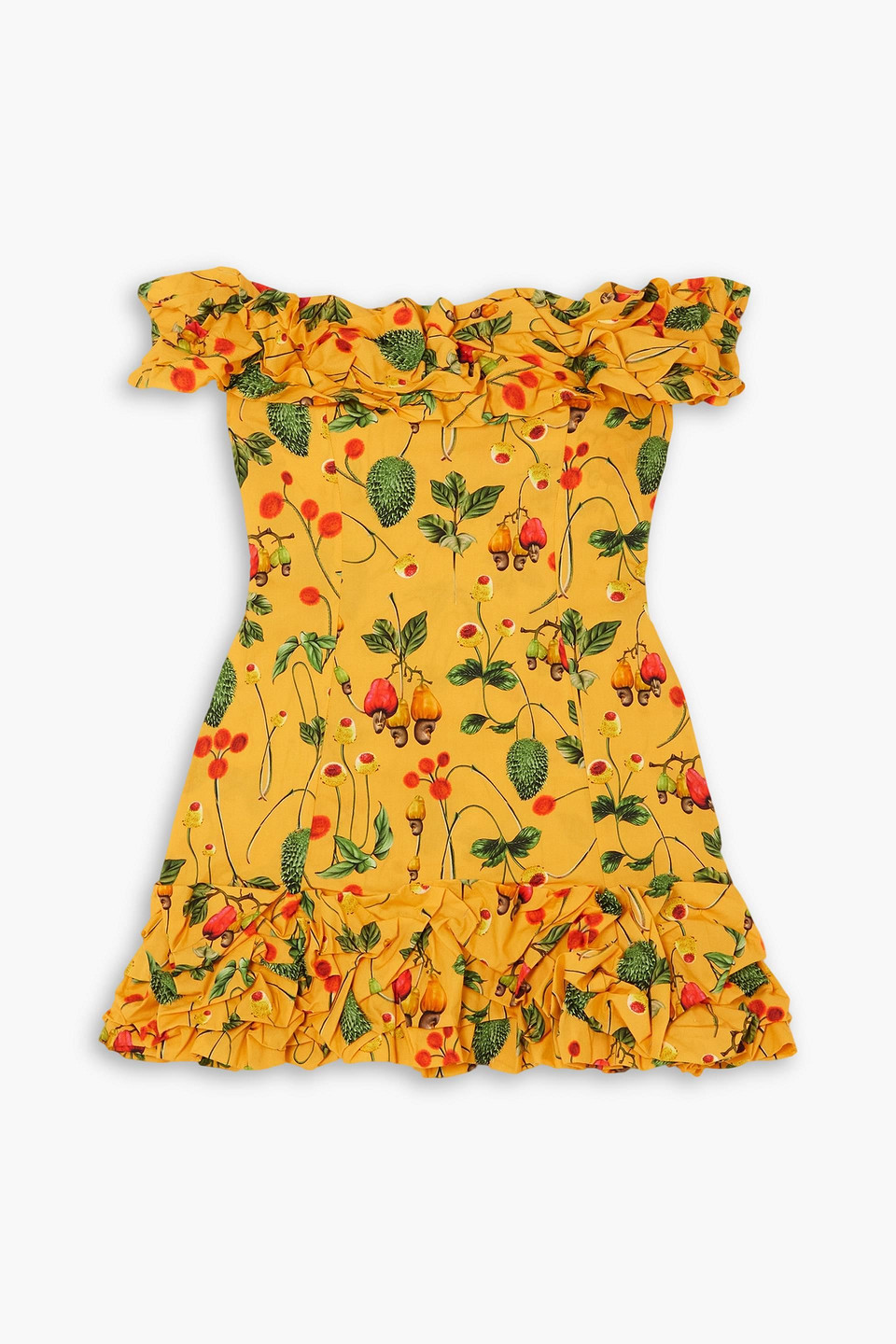 Agua By Agua Bendita Jardin Off-the-shoulder Ruffled Printed Cotton Mini Dress In Saffron