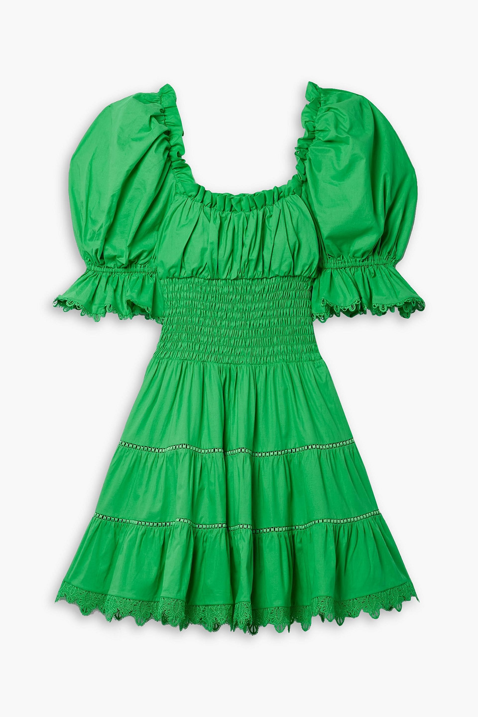 Charo Ruiz Giulia Lace-trimmed Ruched Cotton-blend Poplin Mini Dress In Green