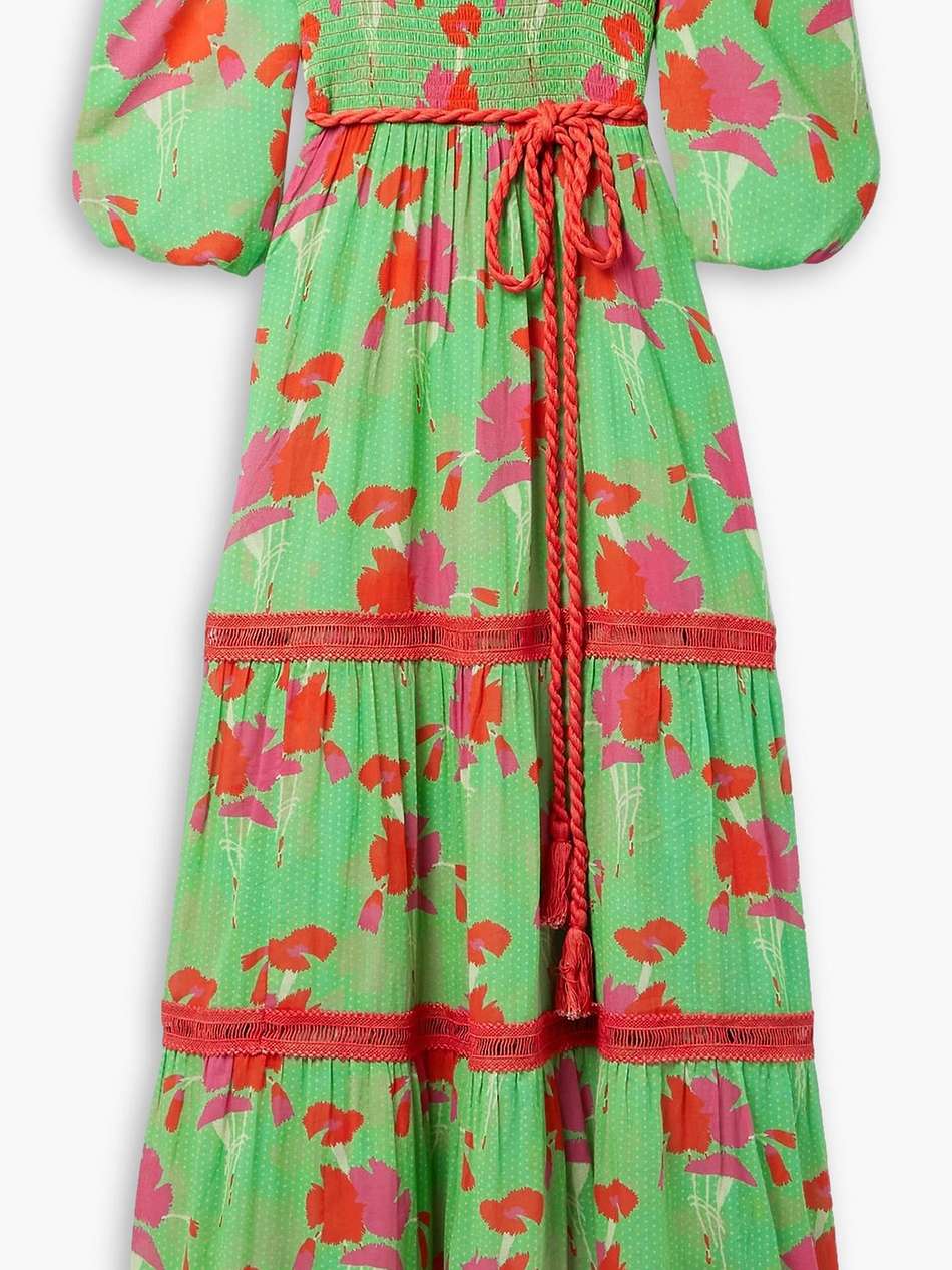 mabelle crochet-trimmed shirred printed cotton-voile maxi dress