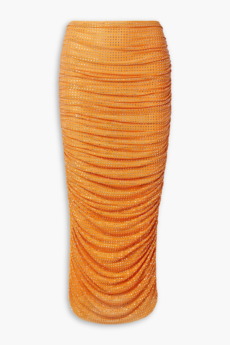 Self-portrait Ruched Crystal-embellished Mesh Midi Skirt In Orange