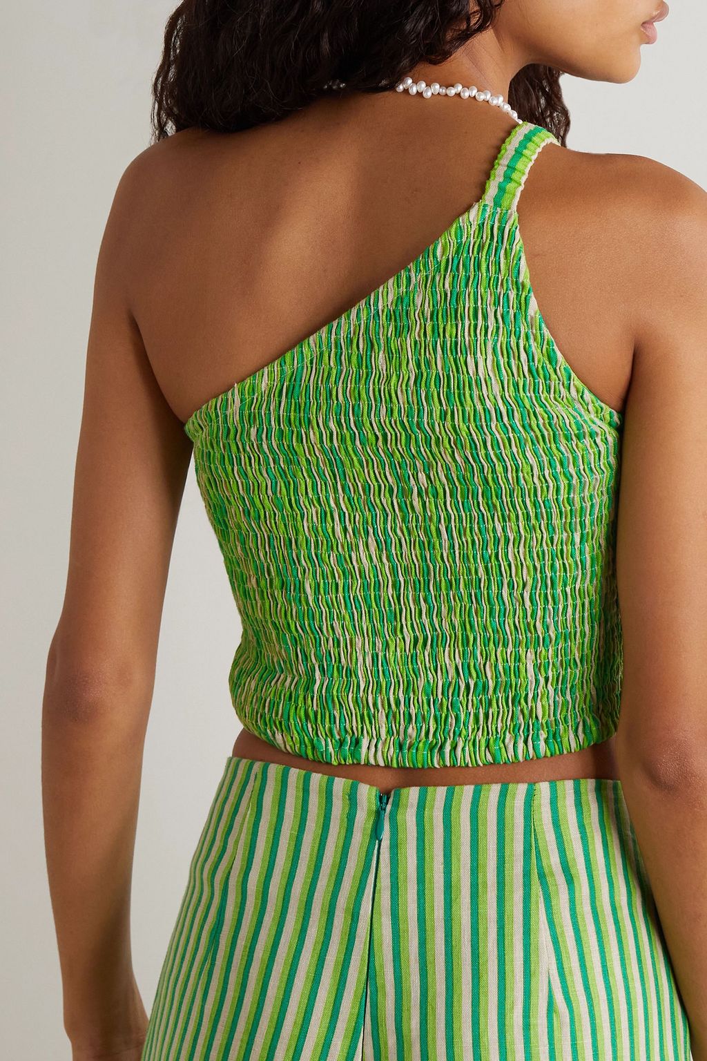 FAITHFULL Manoa one-shoulder shirred striped linen cropped top