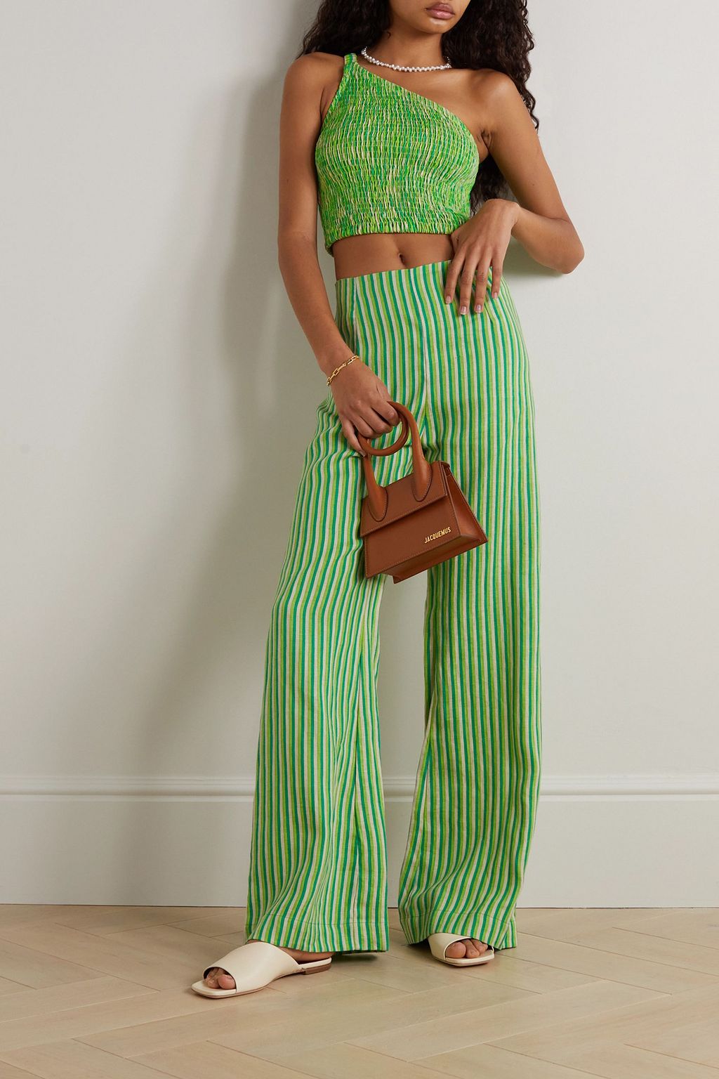 FAITHFULL Manoa one-shoulder shirred striped linen cropped top