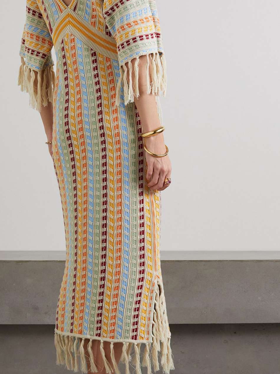 berry open-back fringed crocheted cotton midi dress