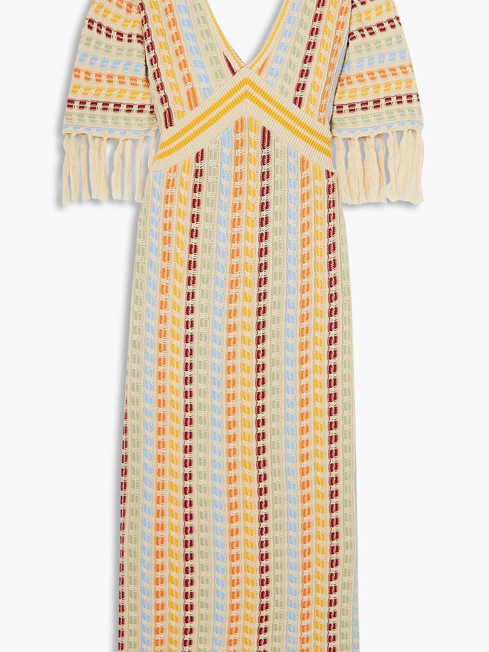 berry open-back fringed crocheted cotton midi dress