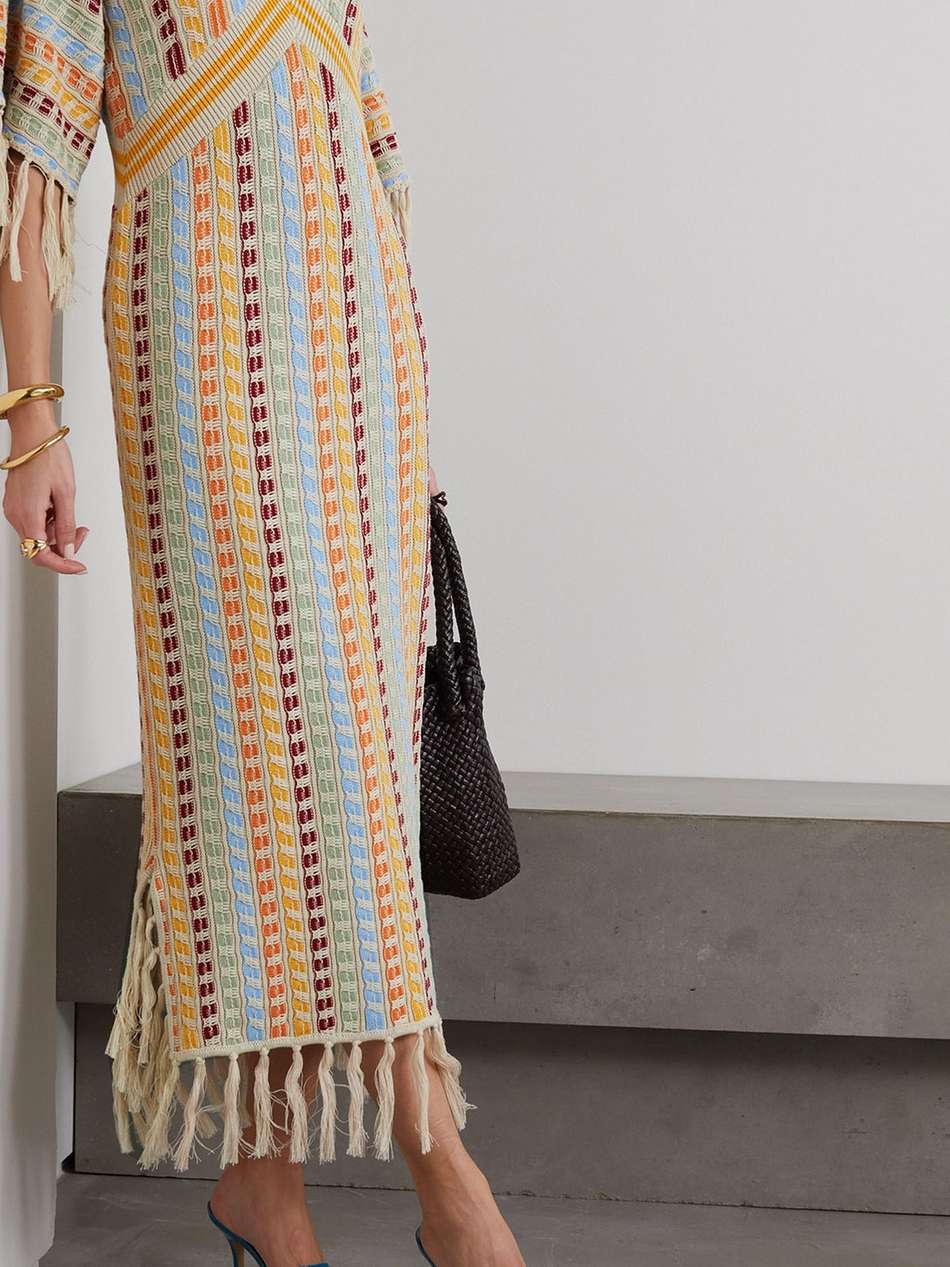 berry open-back fringed crocheted cotton midi dress