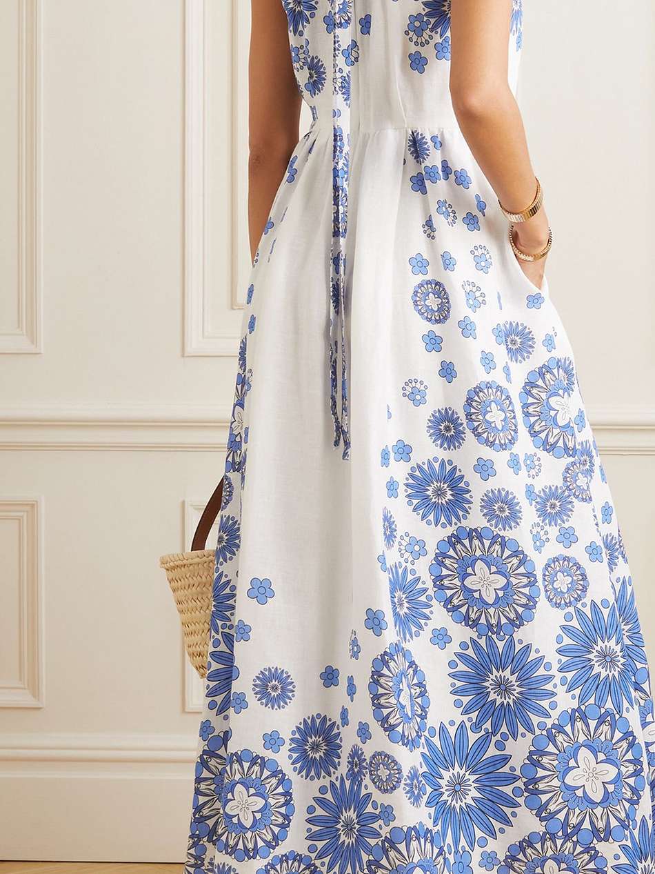 stella halterneck flower-print cotton and linen-blend maxi dress
