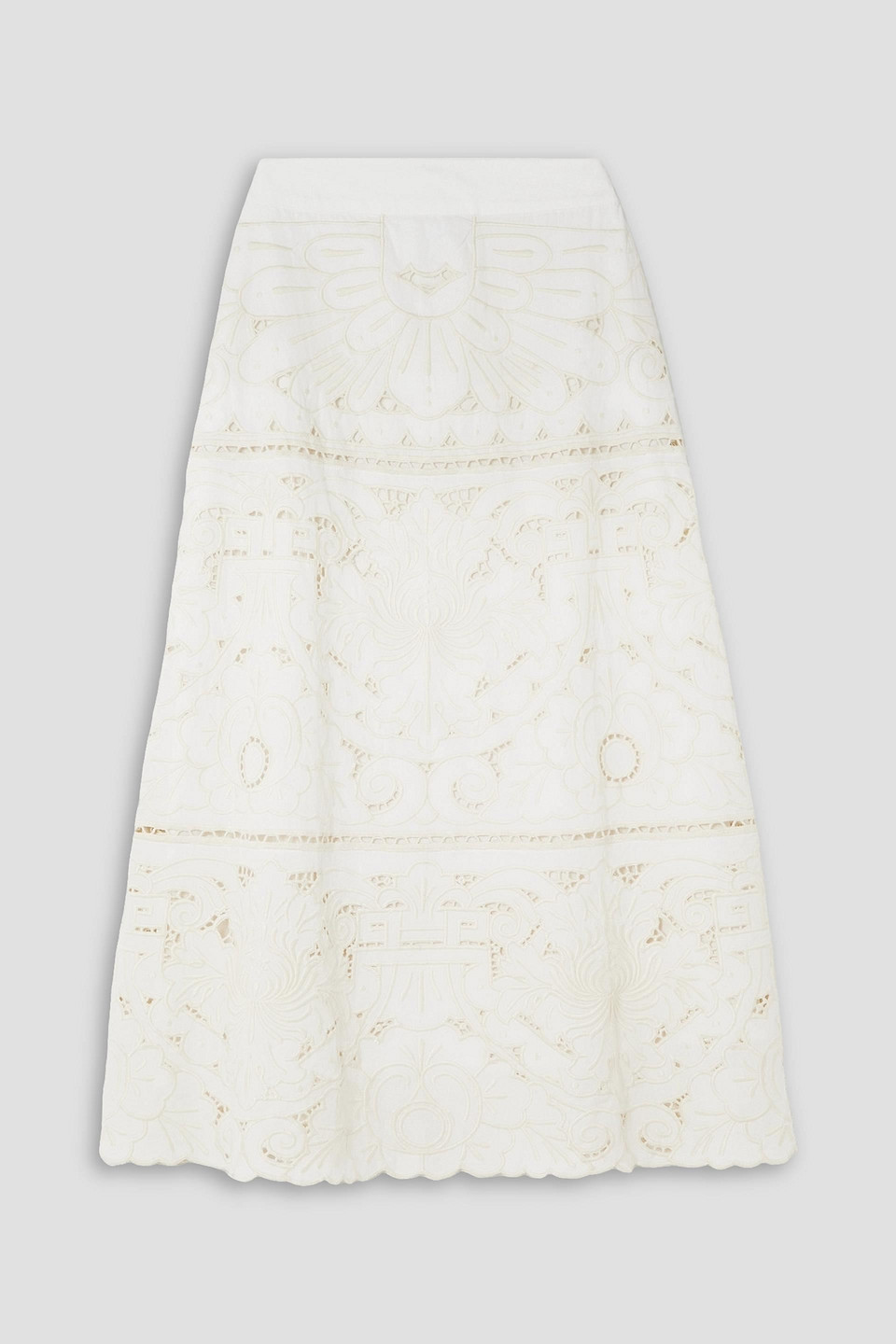Sea Blaire Scalloped Embroidered Organic Cotton And Guipure Lace Midi Skirt In Off-white