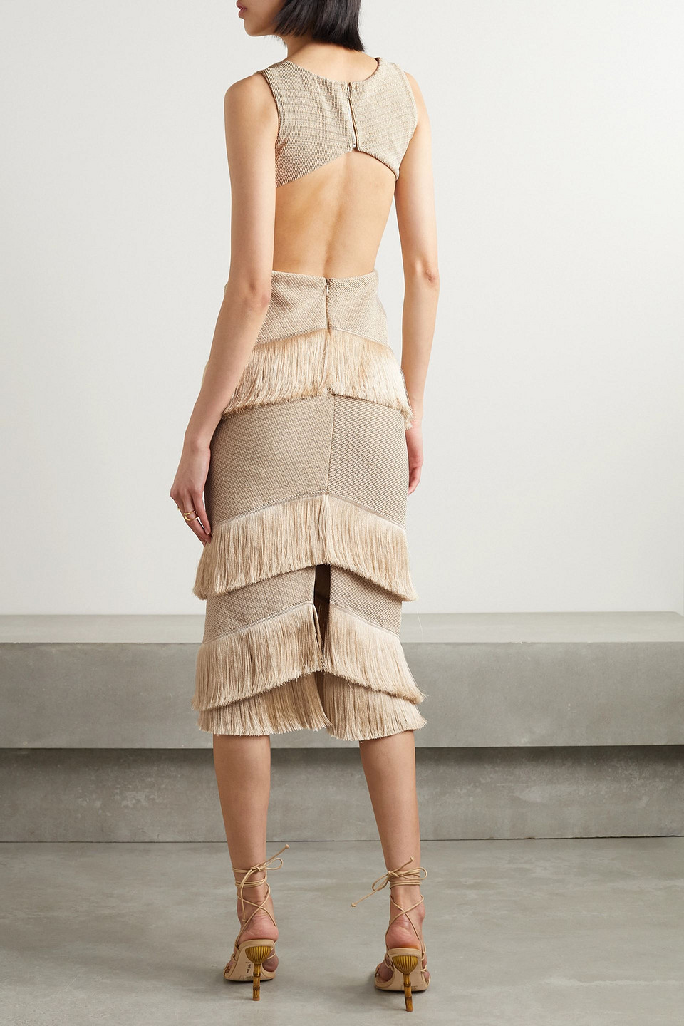 Patbo Cutout Fringed Metallic Knitted Midi Dress In Gold