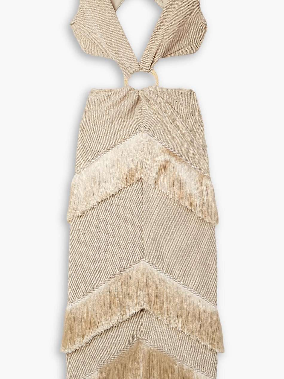 cutout fringed metallic knitted midi dress