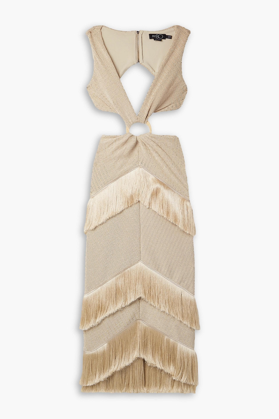 Patbo Cutout Fringed Metallic Knitted Midi Dress In Gold