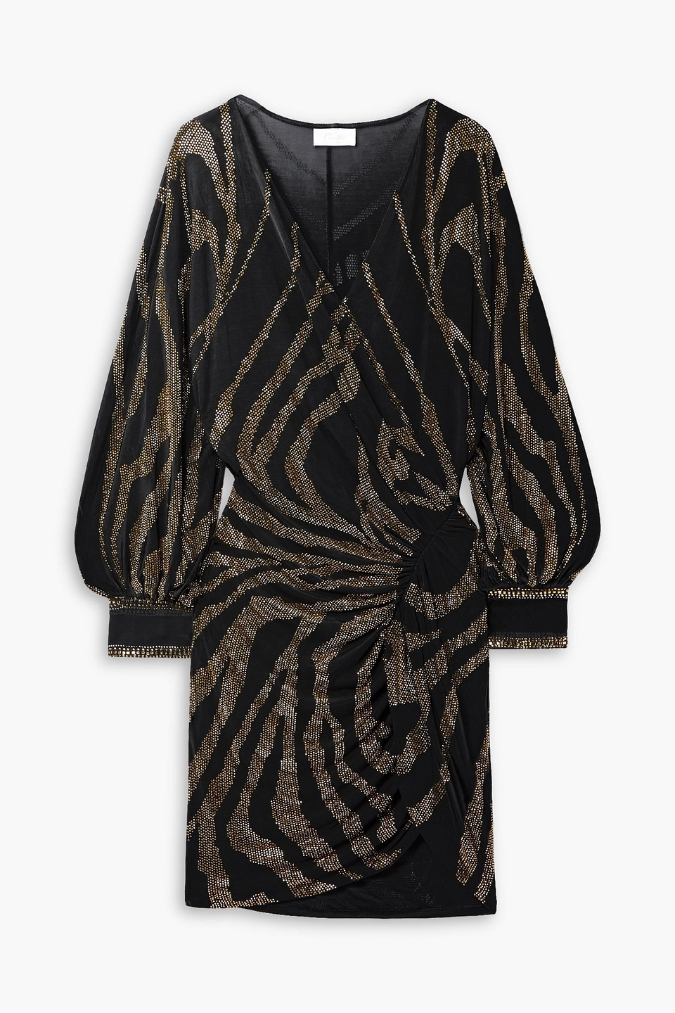 Camilla Ruched Wrap-effect Crystal-embellished Stretch-jersey Mini Dress In Black