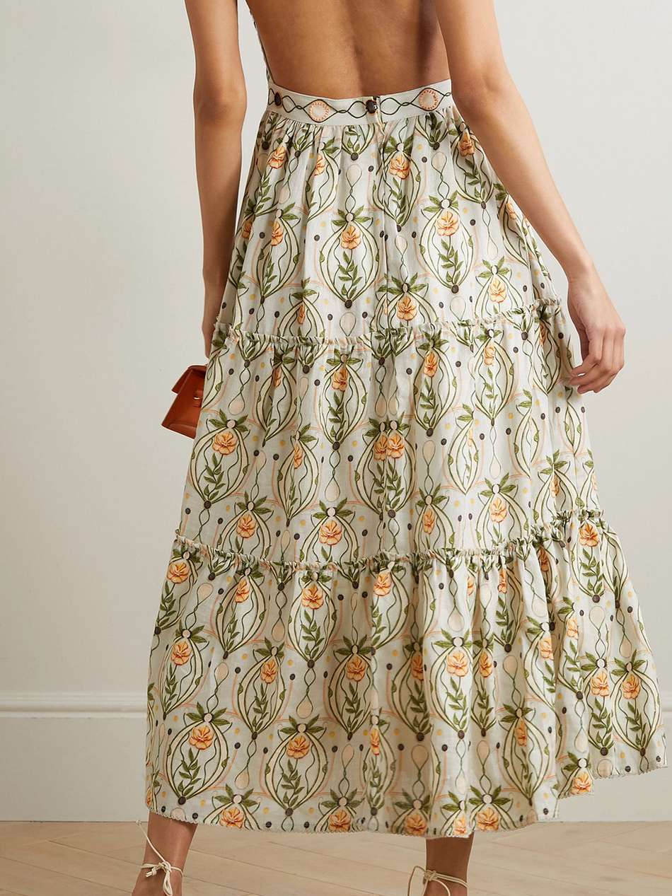 consuelo lunar open-back embroidered printed linen halterneck midi dress