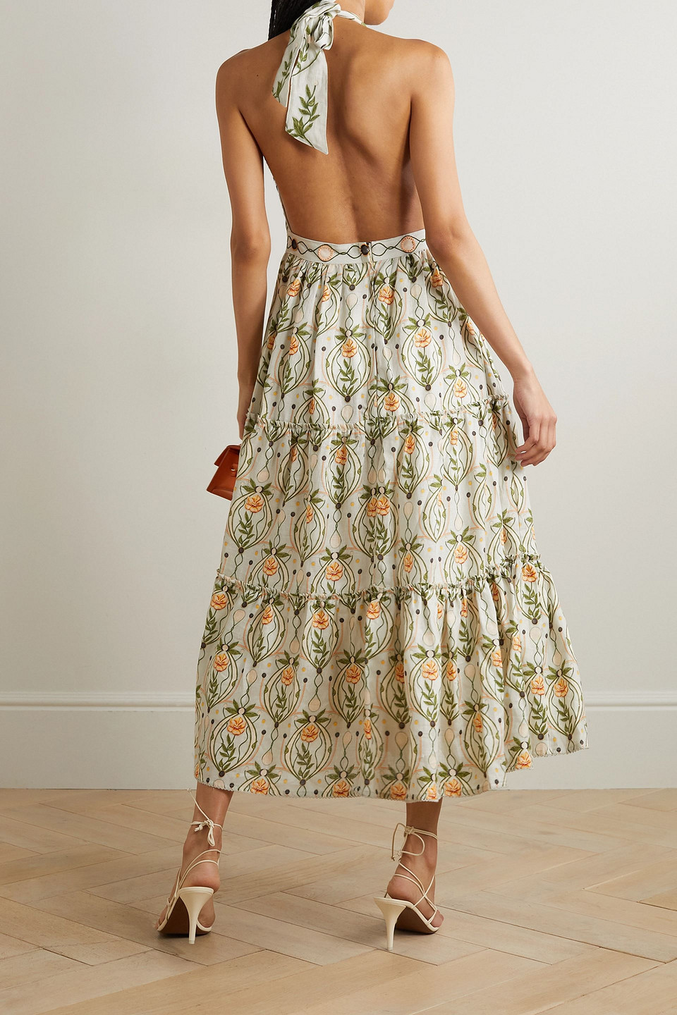 AGUA BY AGUA BENDITA CONSUELO LUNAR OPEN-BACK EMBROIDERED PRINTED LINEN HALTERNECK MIDI DRESS