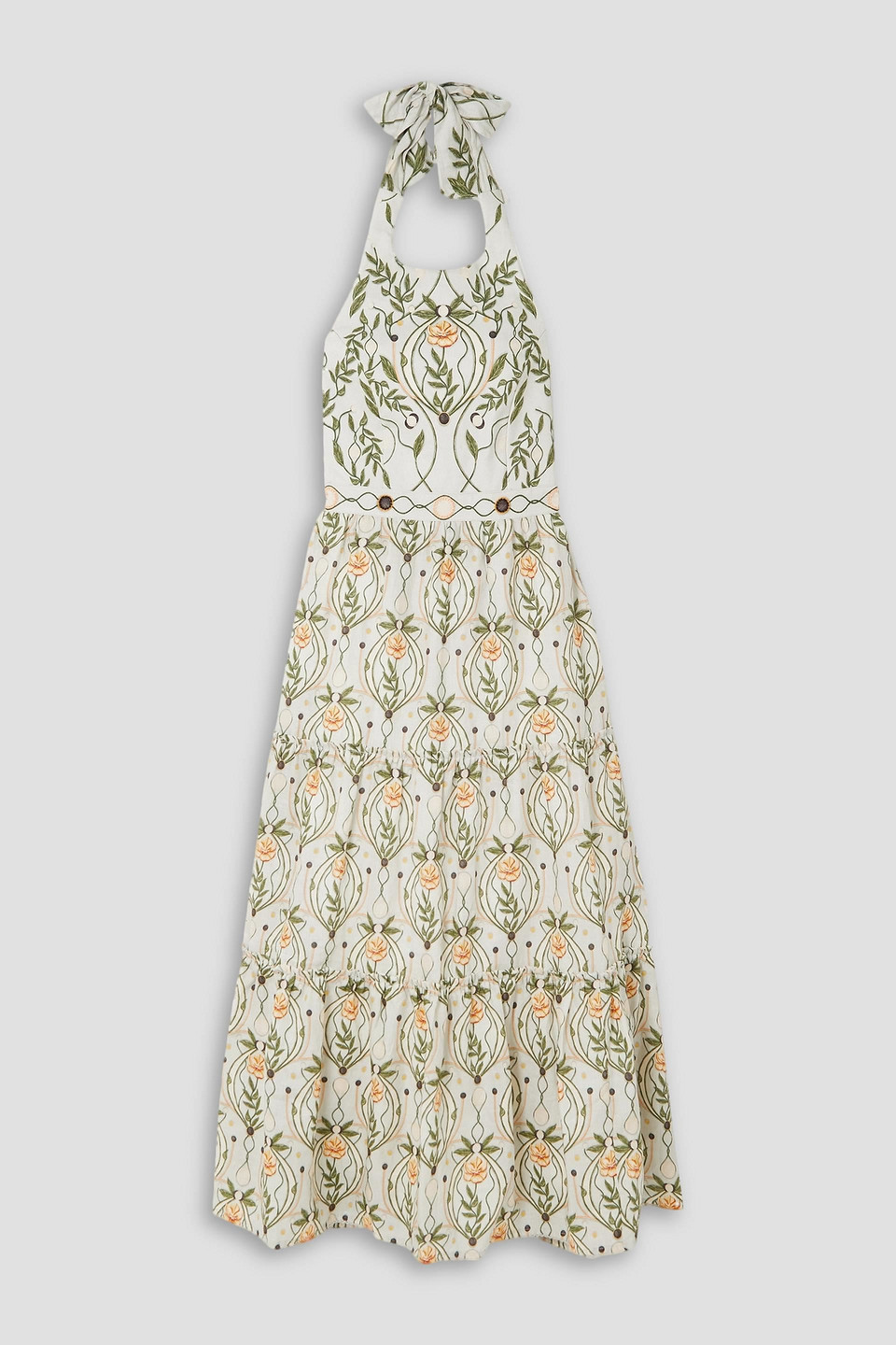 Agua By Agua Bendita Consuelo Lunar Open-back Embroidered Printed Linen Halterneck Midi Dress In Off-white