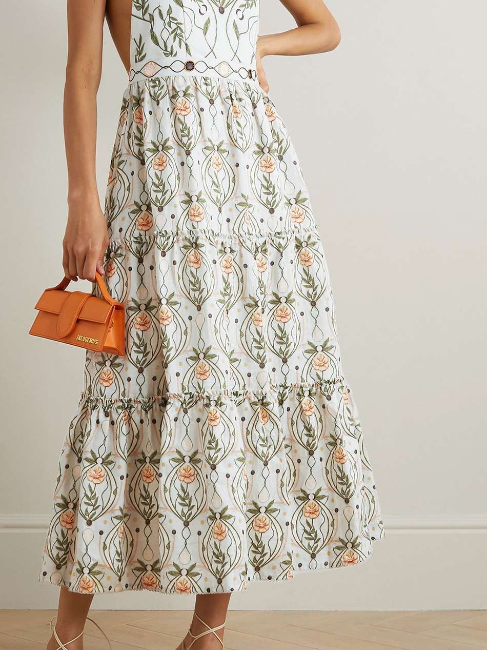 consuelo lunar open-back embroidered printed linen halterneck midi dress