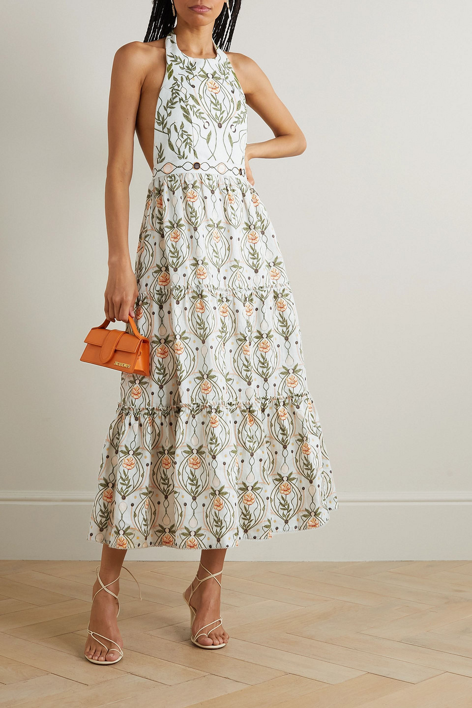 AGUA BY AGUA BENDITA CONSUELO LUNAR OPEN-BACK EMBROIDERED PRINTED LINEN HALTERNECK MIDI DRESS