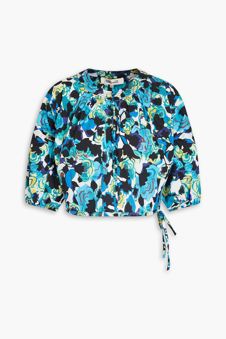 Diane Von Furstenberg Dario Cropped Printed Cotton-blend Poplin Top In Turquoise