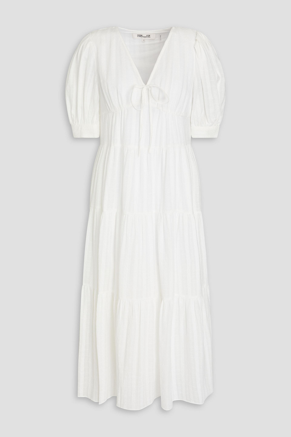 Diane Von Furstenberg Carice Bow-detailed Tiered Cotton-jacquard Midi Dress In Ivory