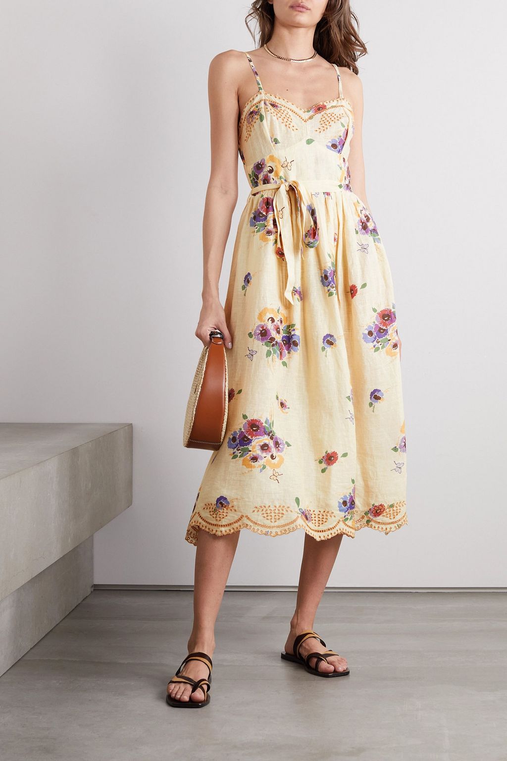 MIGUELINA Betina belted printed broderie anglaise linen midi dress