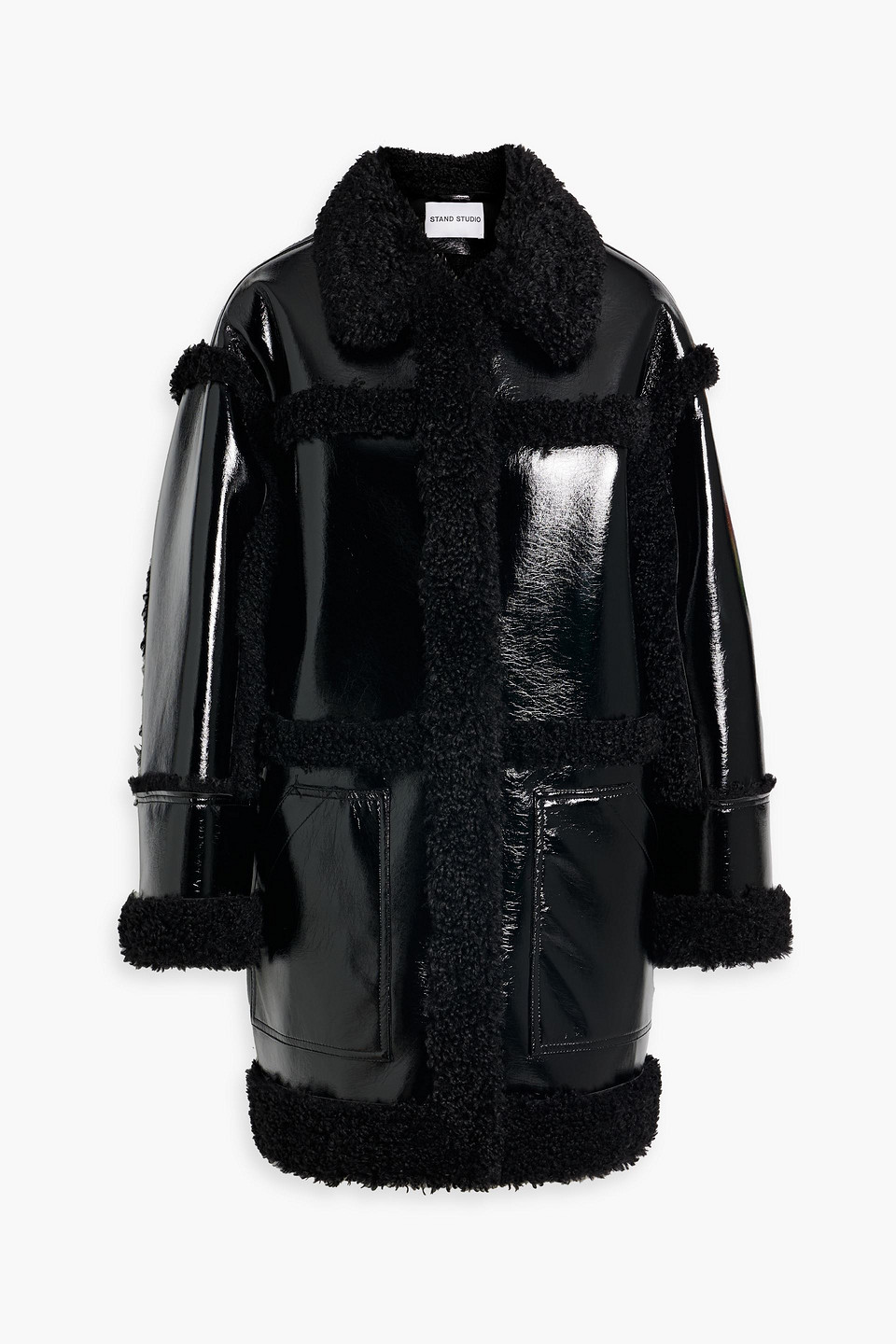 Stand Studio Elsie Faux Shearling-trimmed Vinyl Coat In Black