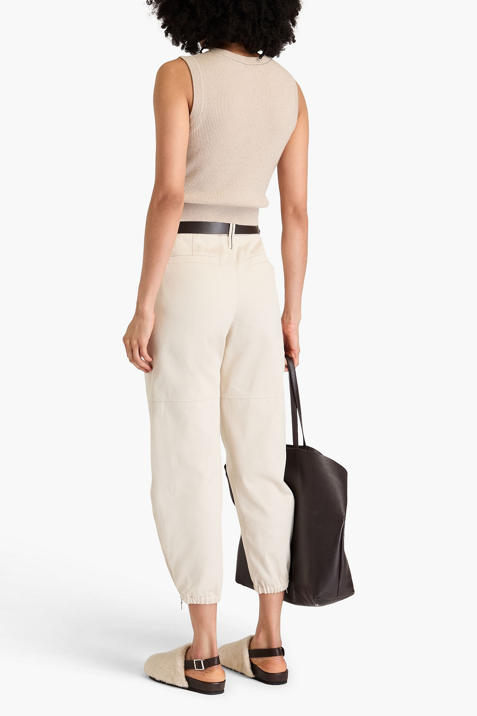 Brunello Cucinelli Cropped Bead-embellished Ribbed Cashmere Top In Beige