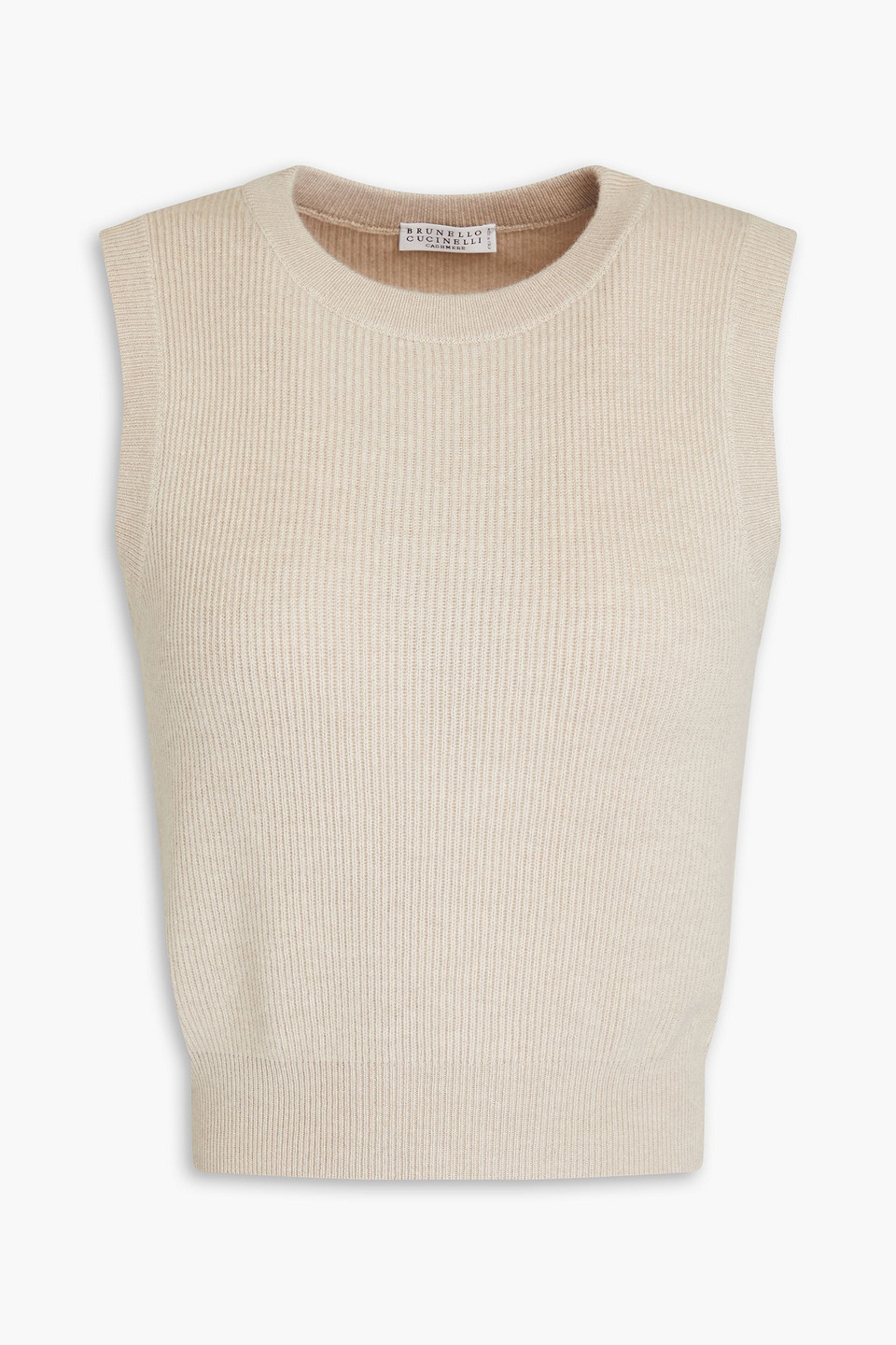 Brunello Cucinelli Cropped Bead-embellished Ribbed Cashmere Top In Beige