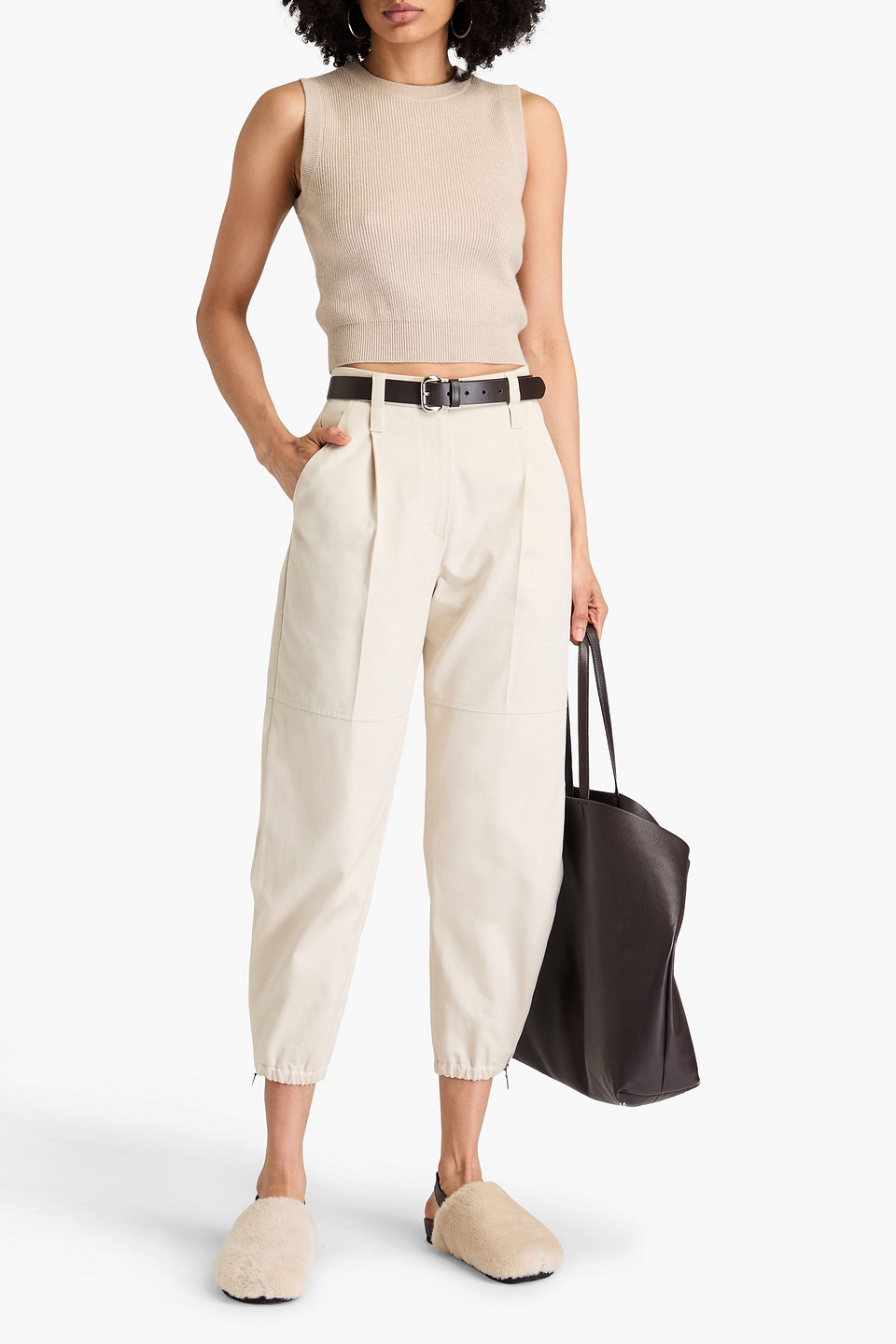 Brunello Cucinelli Cropped Bead-embellished Ribbed Cashmere Top In Beige