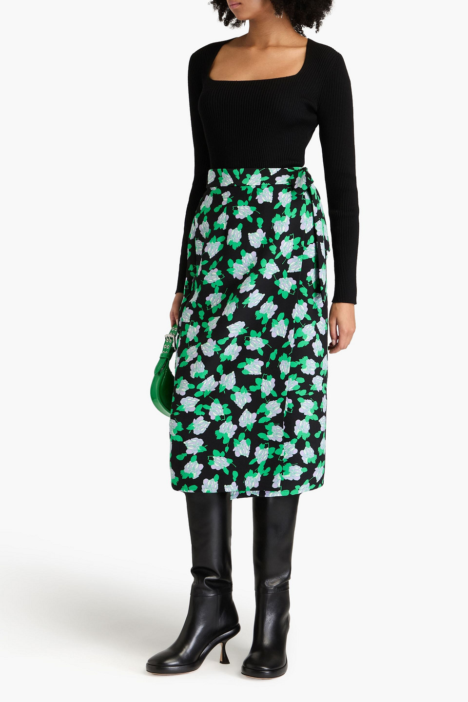 Shop Diane Von Furstenberg Elma Floral-print Cady Midi Wrap Skirt In Green