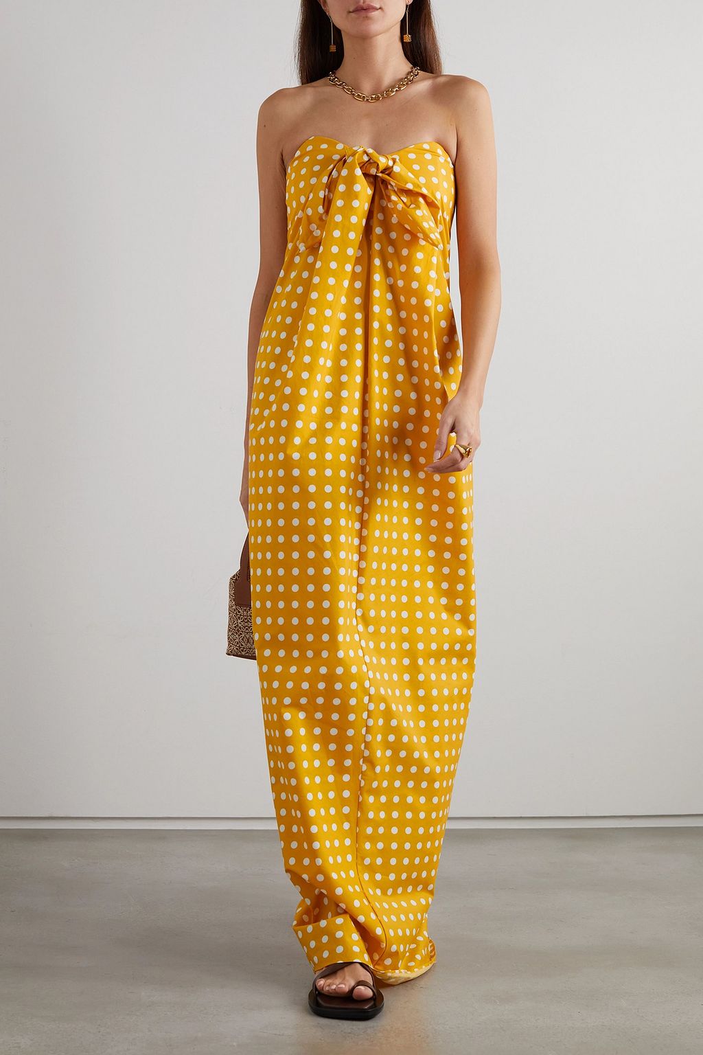 CAROLINE CONSTAS Kaia strapless tie-detailed polka-dot cotton-blend poplin maxi dress