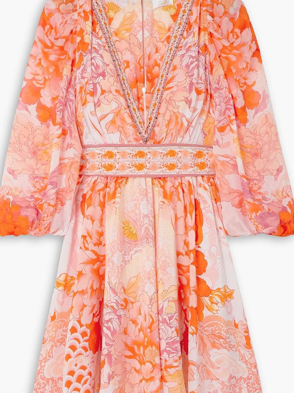 embellished printed silk crepe de chine mini dress