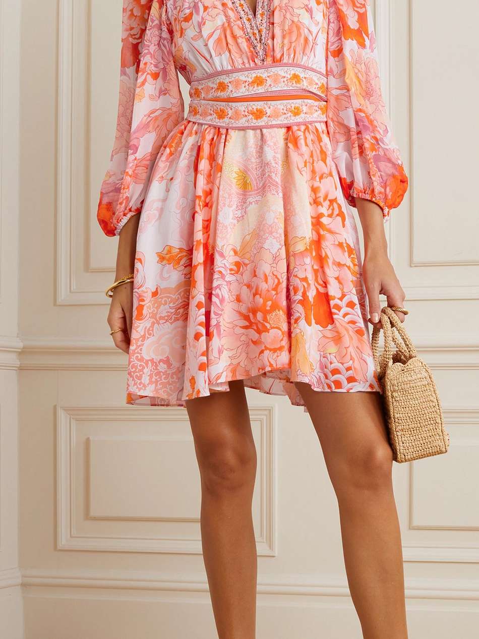 embellished printed silk crepe de chine mini dress