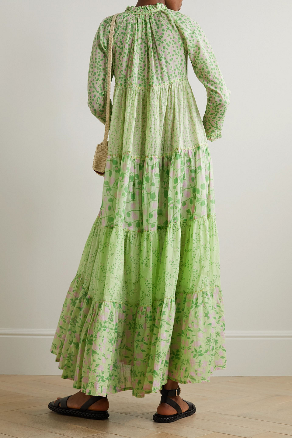 Yvonne S Hippy Tiered Floral-print Cotton-voile Maxi Dress In Light Green