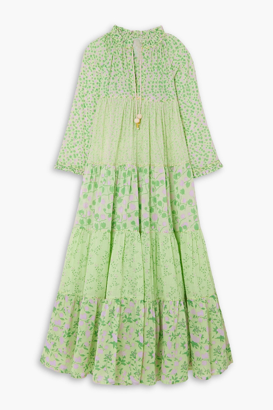 Yvonne S Hippy Tiered Floral-print Cotton-voile Maxi Dress In Light Green