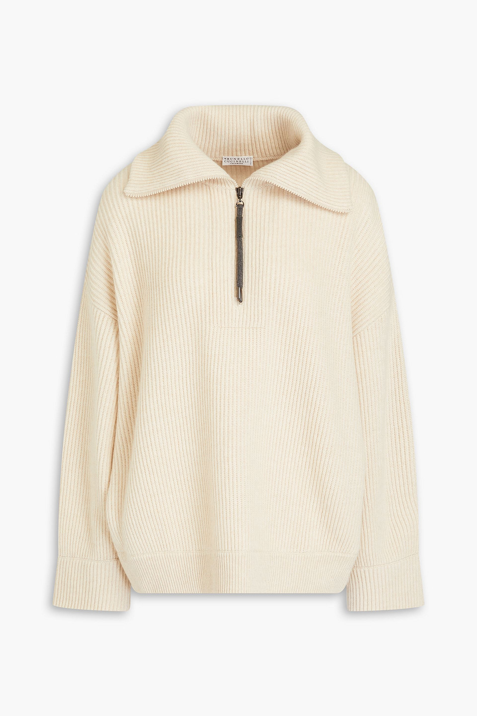 Brunello Cucinelli Bead-embellished Ribbed Cashmere Half-zip Sweater In Neutral