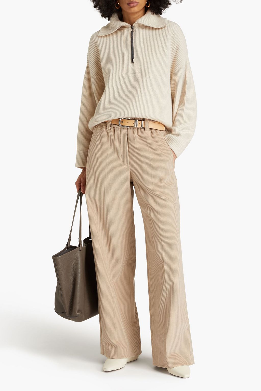 BRUNELLO CUCINELLI Bead-embellished ribbed cashmere half-zip sweater