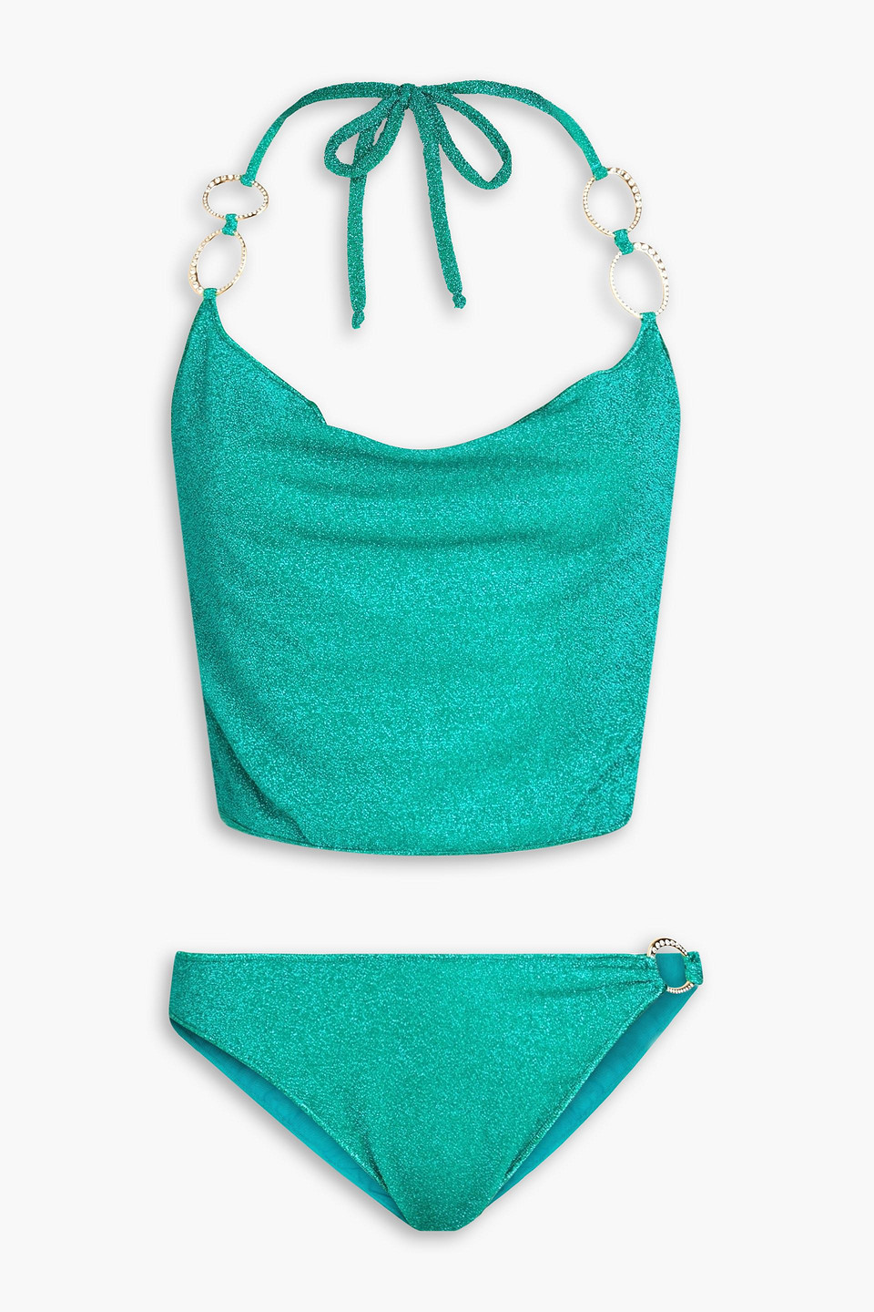 Oseree Lumière O Gem Embellished Metallic Halterneck Bikini In Teal