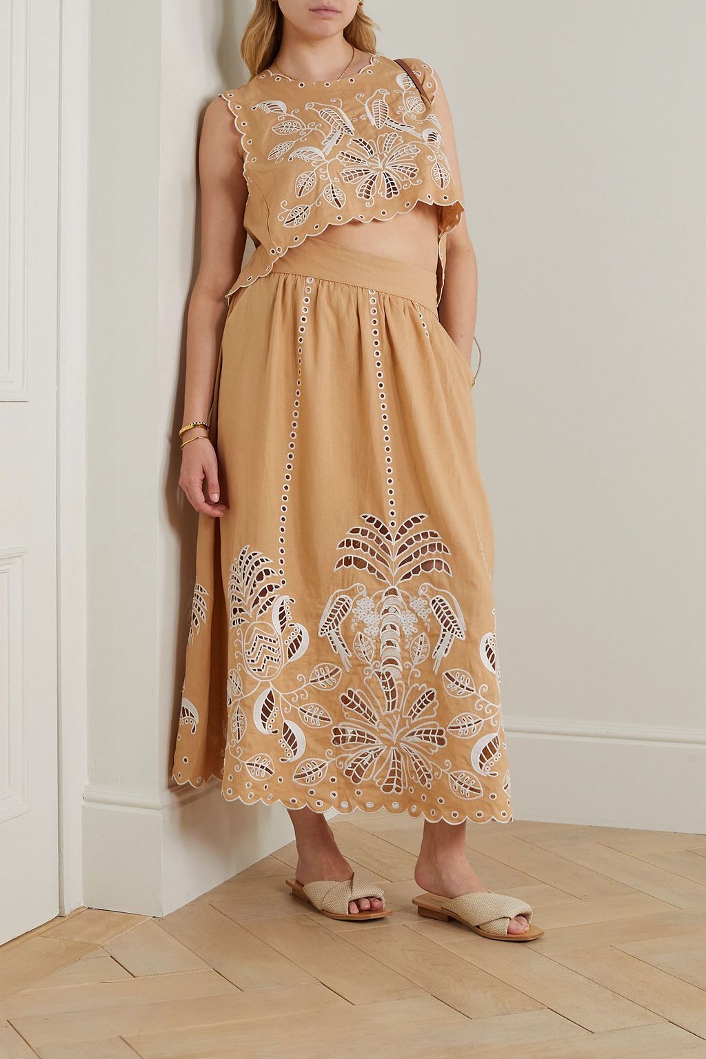 FARM RIO Richelieu gathered broderie anglaise linen-blend midi skirt