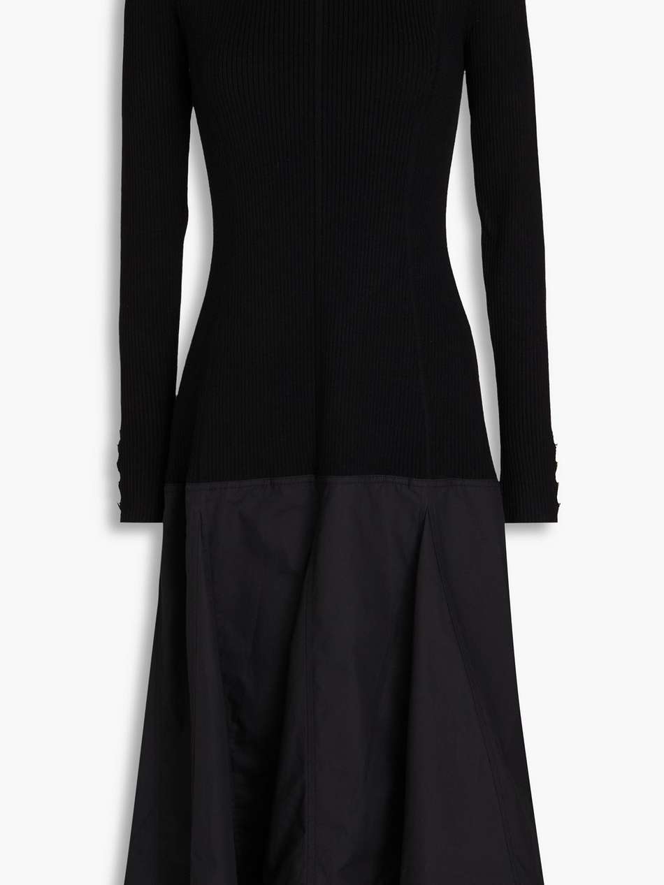 poplin-paneled ribbed-knit midi dress