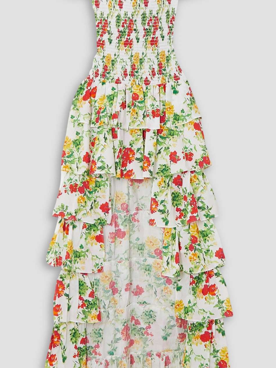 malta shirred tiered floral-print cotton-voile gown