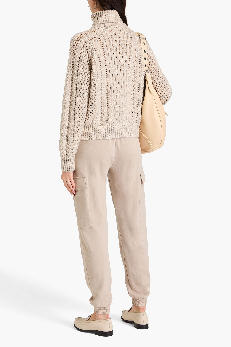 Brunello Cucinelli Sequin-embellished Pointelle-knit Cashmere-blend Turtleneck Sweater In Beige