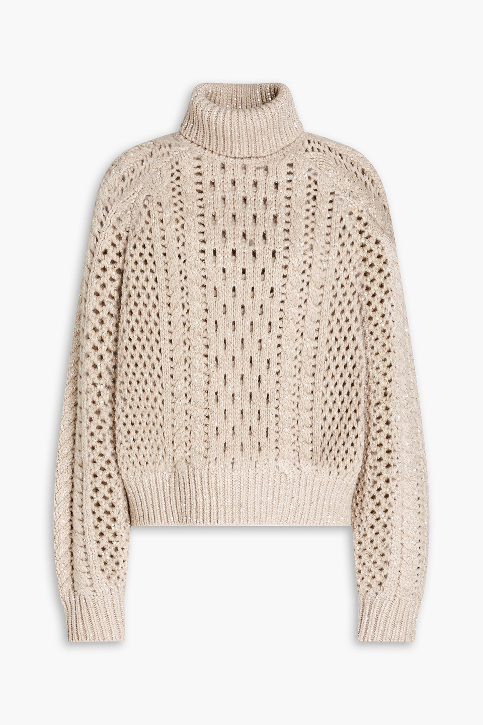 Brunello Cucinelli Sequin-embellished Pointelle-knit Cashmere-blend Turtleneck Sweater In Beige