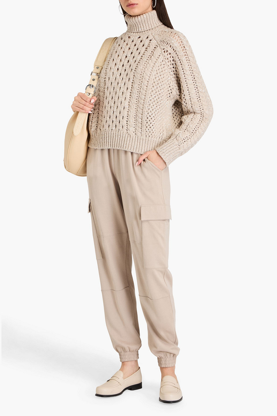 Brunello Cucinelli Sequin-embellished Pointelle-knit Cashmere-blend Turtleneck Sweater In Beige