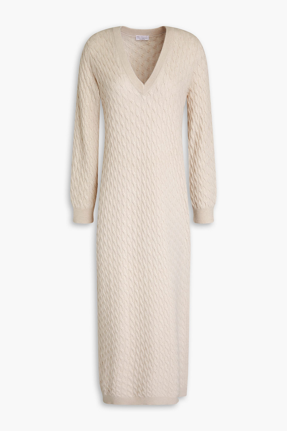 Brunello Cucinelli Bead-embellished Cable-knit Wool, Cashmere And Silk-blend Midi Dress In Beige