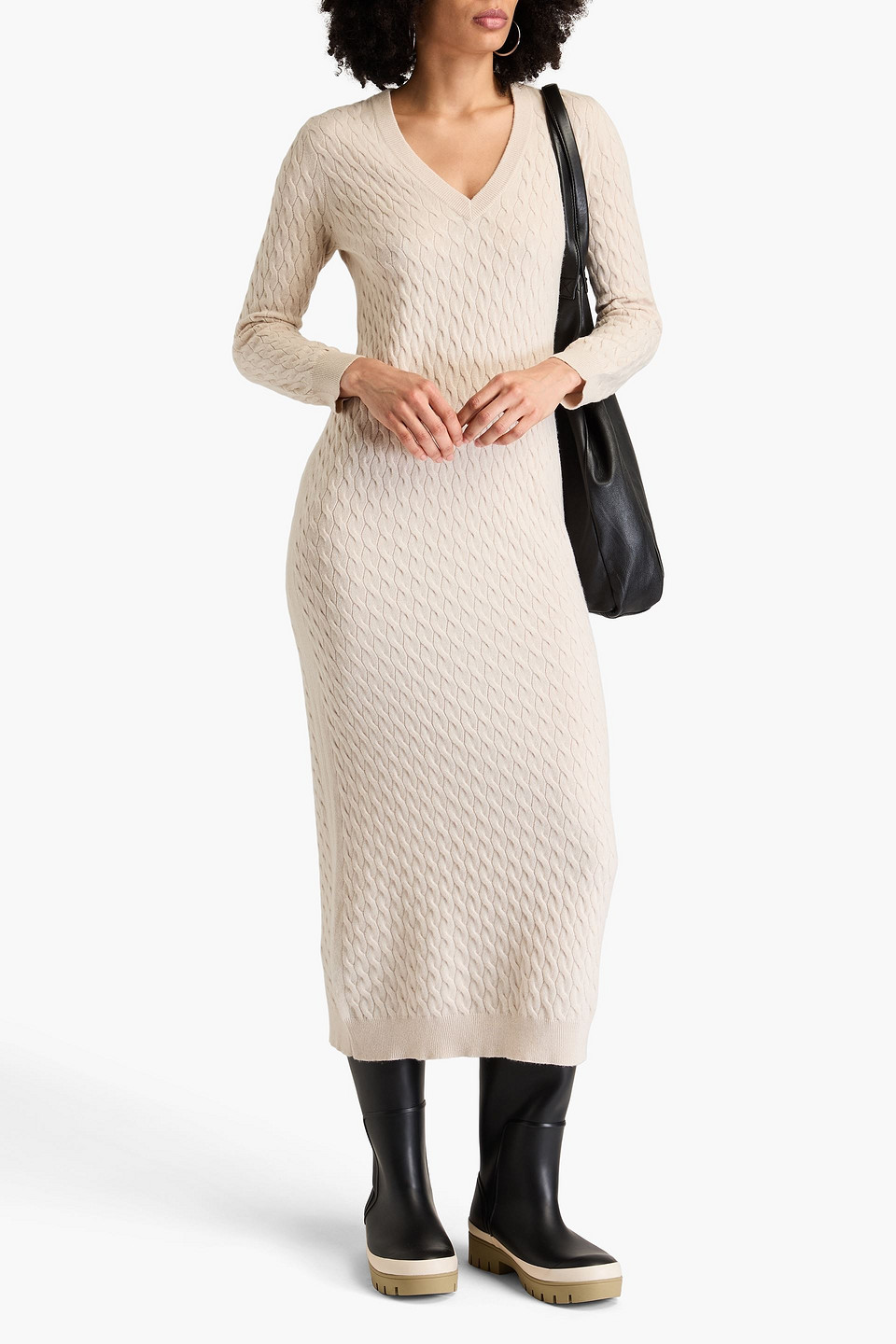 Brunello Cucinelli Bead-embellished Cable-knit Wool, Cashmere And Silk-blend Midi Dress In Beige