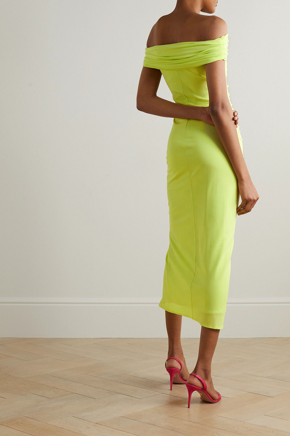 SELF-PORTRAIT OFF-THE-SHOULDER RUCHED STRETCH-JERSEY MIDI DRESS