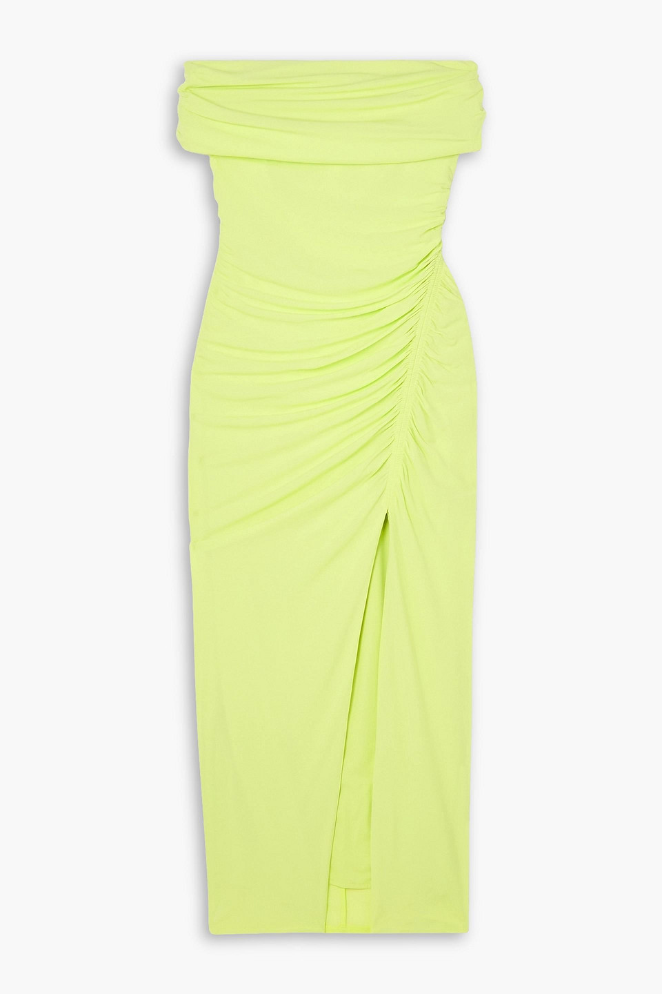 Self-portrait Off-the-shoulder Ruched Stretch-jersey Midi Dress In Lime Green