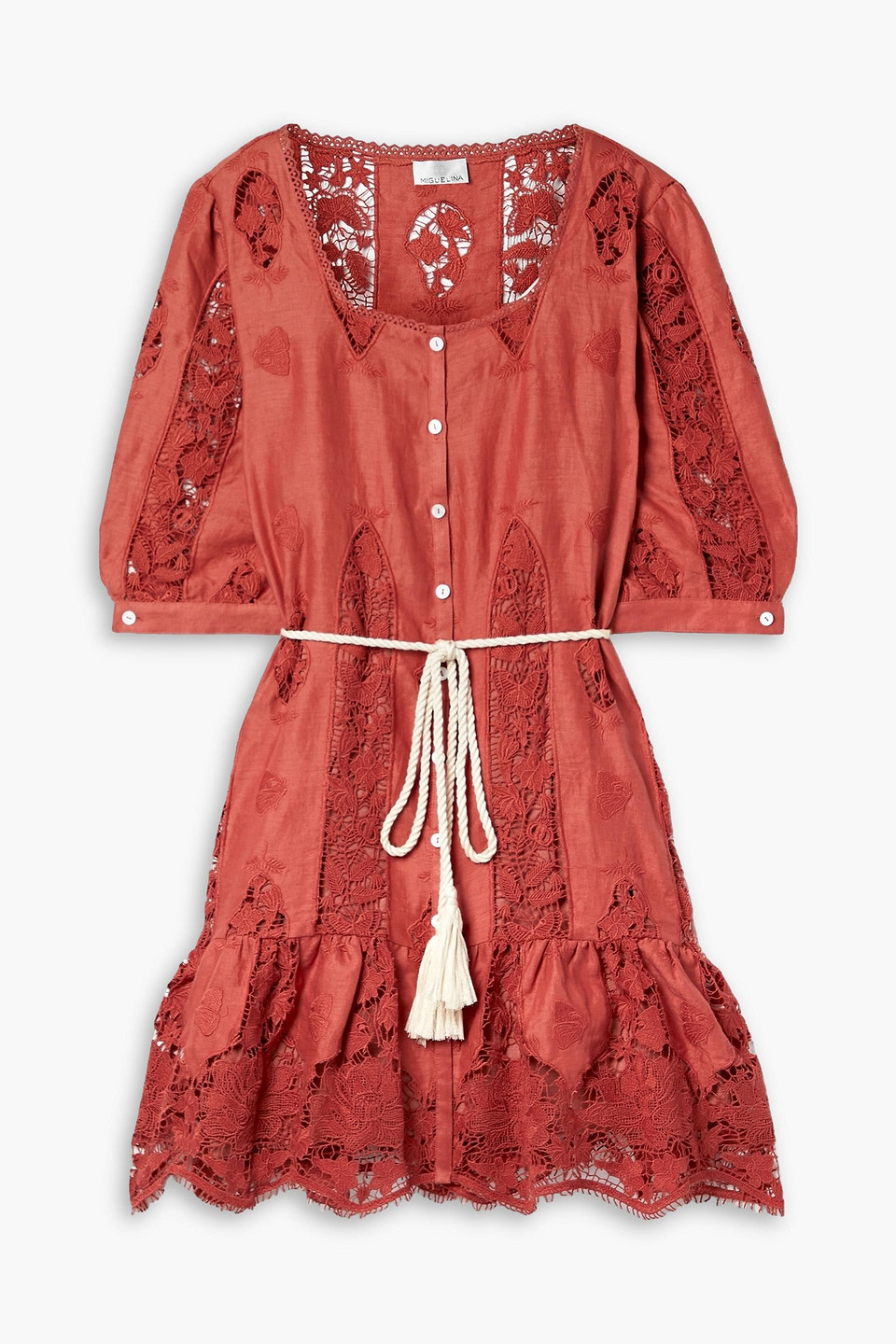 Miguelina Dixie Belted Lace-trimmed Linen Mini Dress In Red | ModeSens