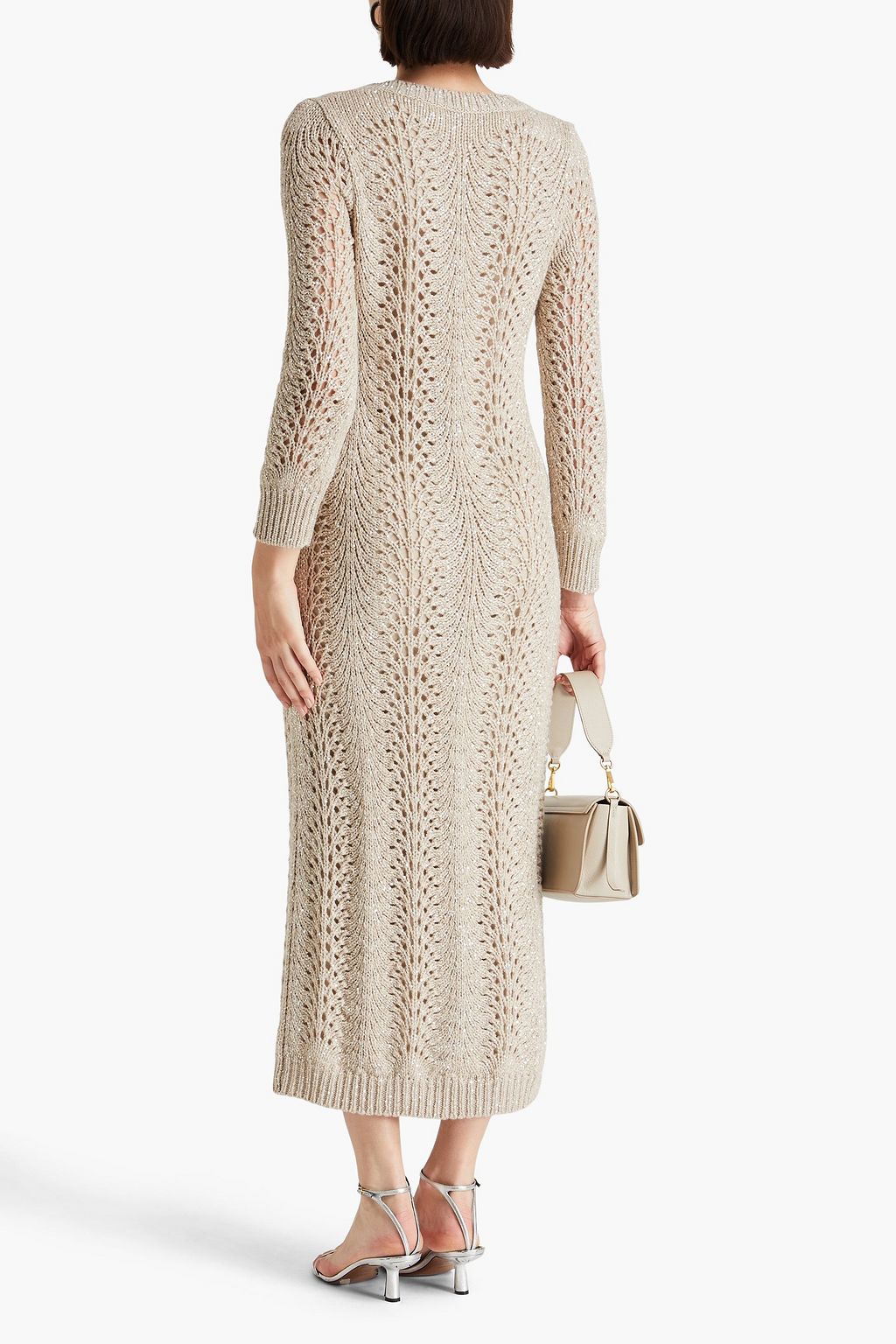 BRUNELLO CUCINELLI オープンニット カシミヤ混 ミディワンピース スパンコール付き