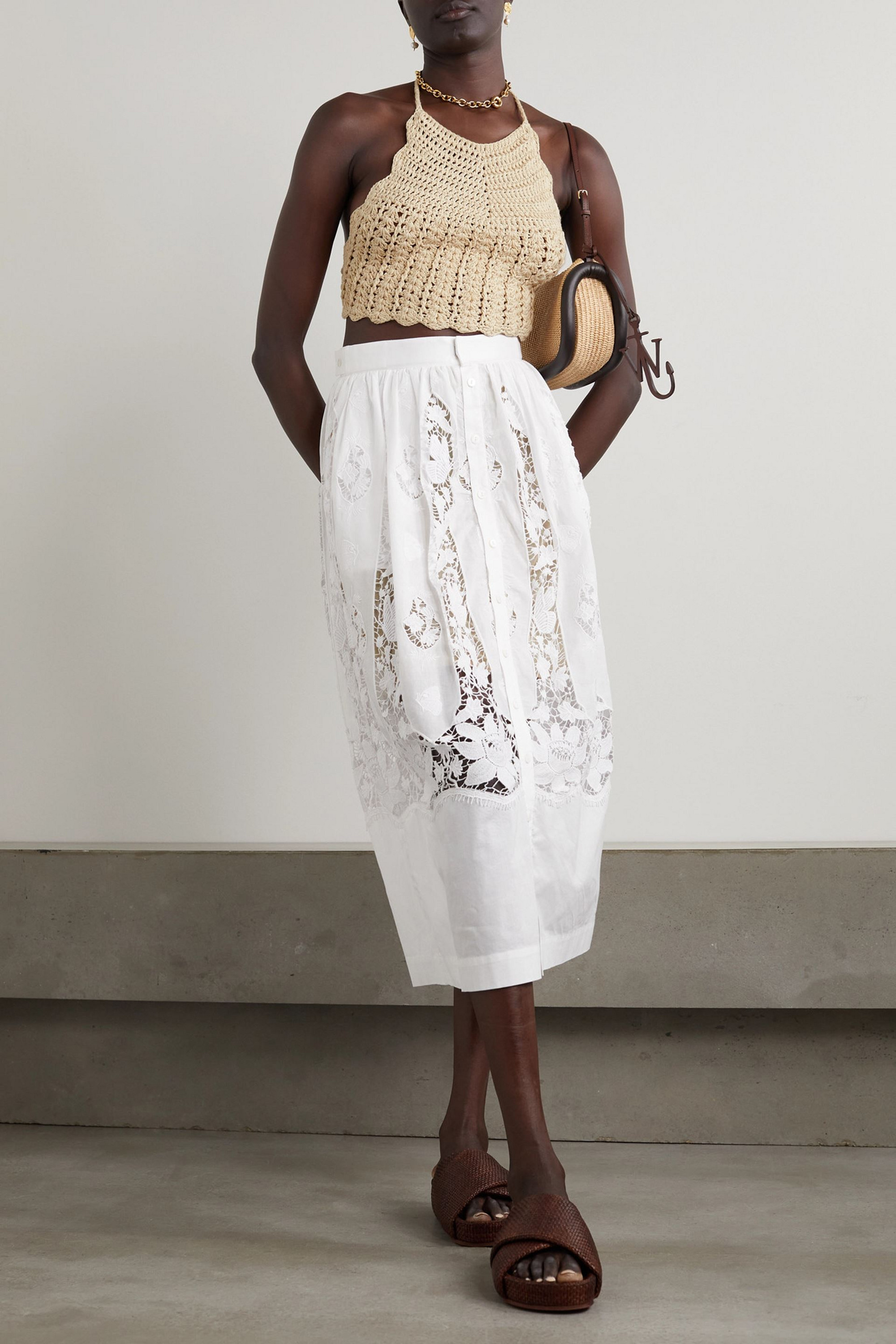 Miguelina Malen cropped crocheted cotton halterneck top